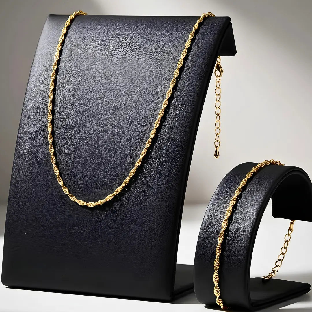 18K Gold Filled Twisted Singapore Wave Chain Necklace & Bracelet Set